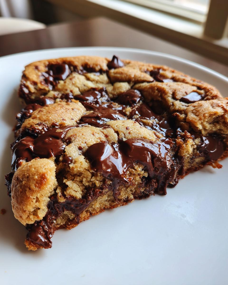 A close-up slice of a giant chocolate chip cookie showing melted, gooey chocolate chips on a white plate.
