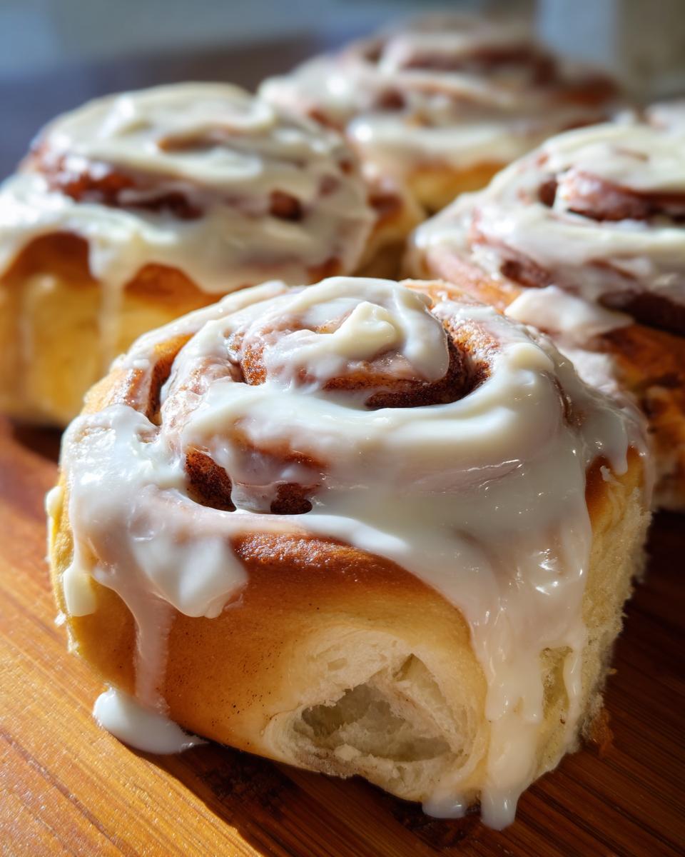 Close-up of a gooey homemade cinnamon roll topped with thick white icing dripping down the sides.