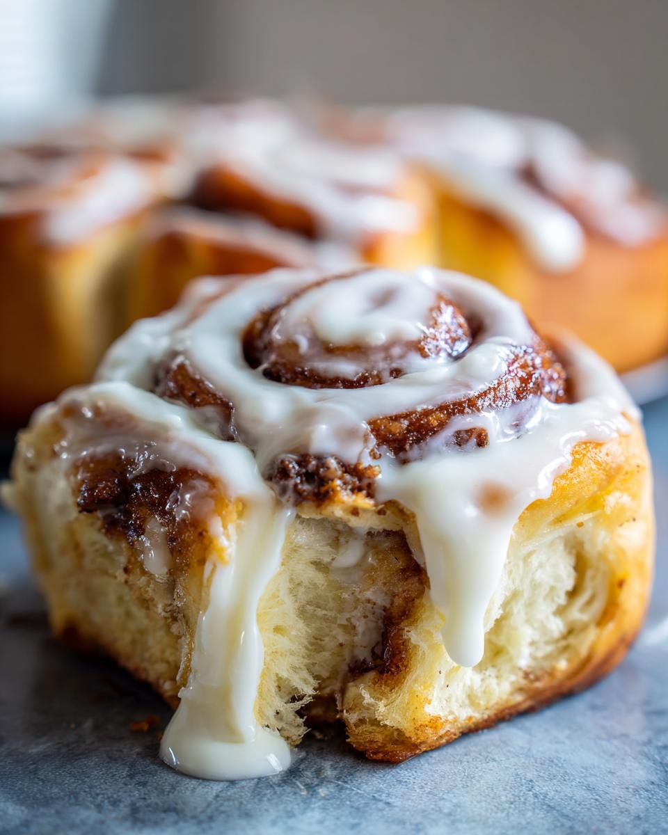 Close-up of a soft, gooey homemade cinnamon roll dripping with white icing, showing the fluffy interior.
