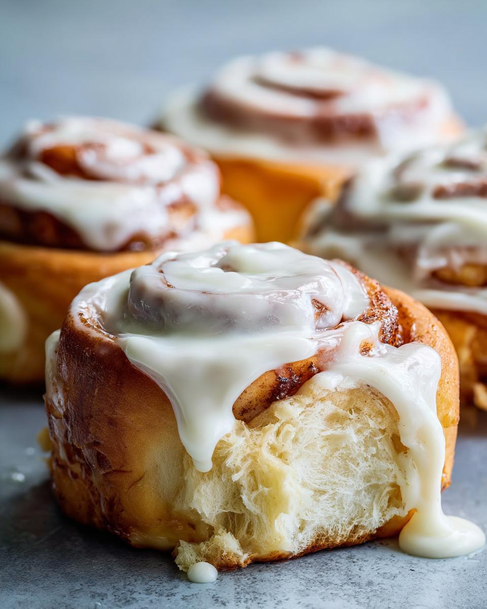 Close-up of a fluffy Homemade Cinnamon Rolls with thick, dripping cream cheese frosting.