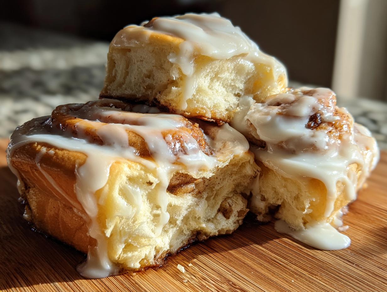A stack of three fluffy homemade cinnamon rolls generously drizzled with thick white icing, sitting on a wooden board.
