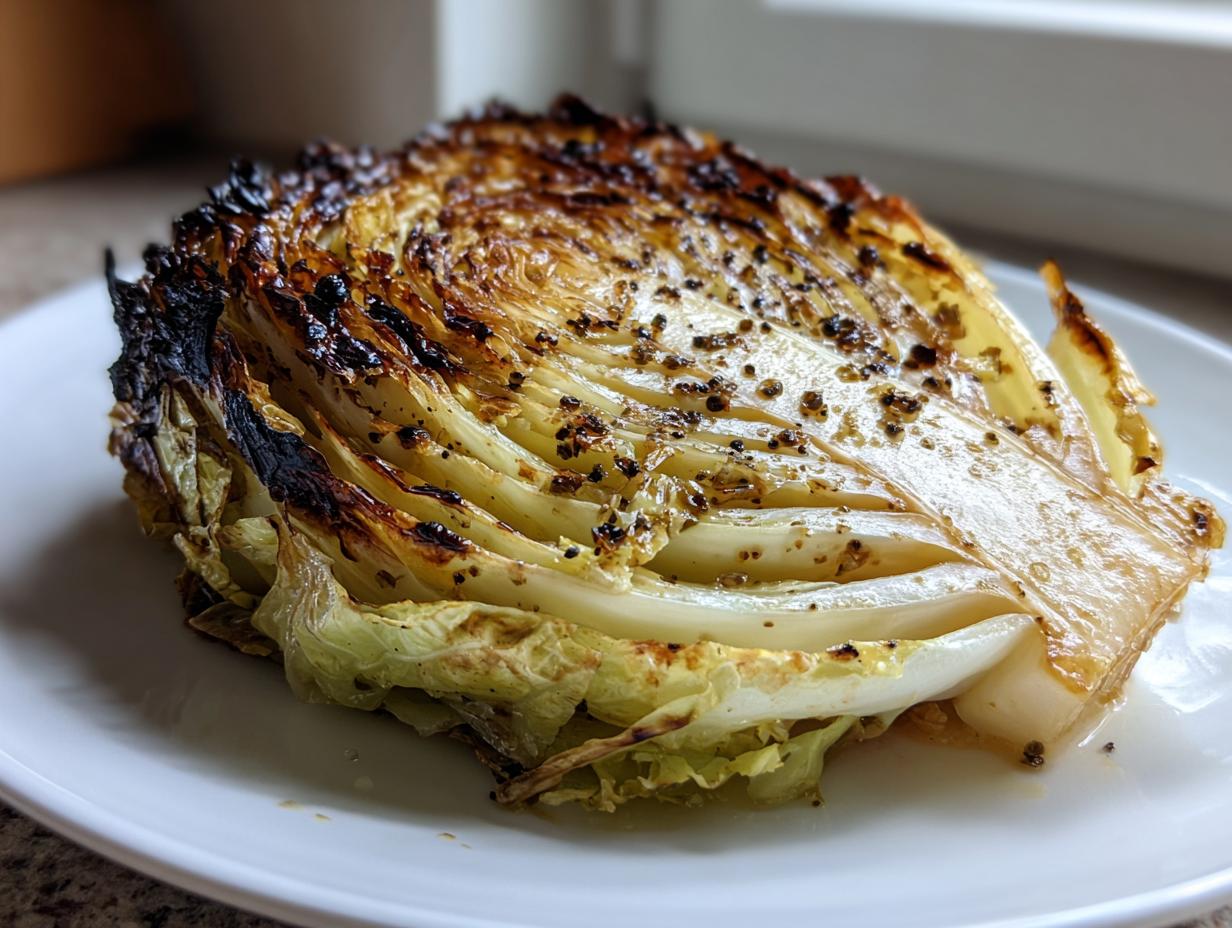 A thick, grilled wedge of cabbage steak seasoned with pepper, showing caramelized and charred edges, served on a white plate.