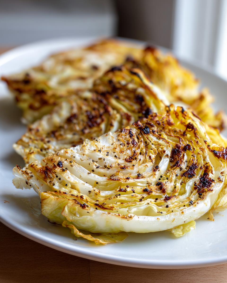 Close-up of two grilled cabbage steaks seasoned with black pepper on a white plate.
