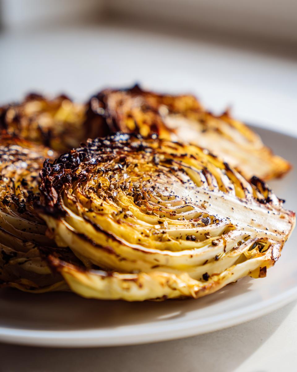 Close-up of seasoned and grilled cabbage steaks showing caramelized layers and dark char marks.