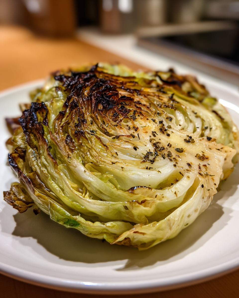 A thick, grilled cabbage steak seasoned with herbs, showing caramelized edges.