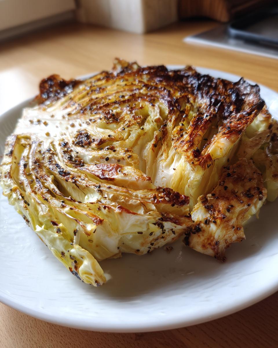 A thick, grilled cabbage steaks slice seasoned with pepper and spices, served on a white plate.