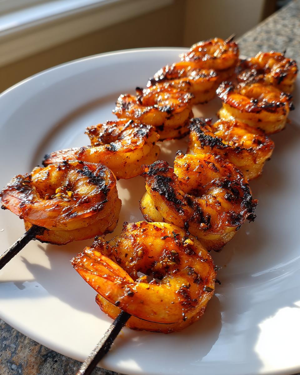 Close-up of two skewers featuring perfectly cooked, brightly seasoned grilled shrimp skewers resting on a white plate.