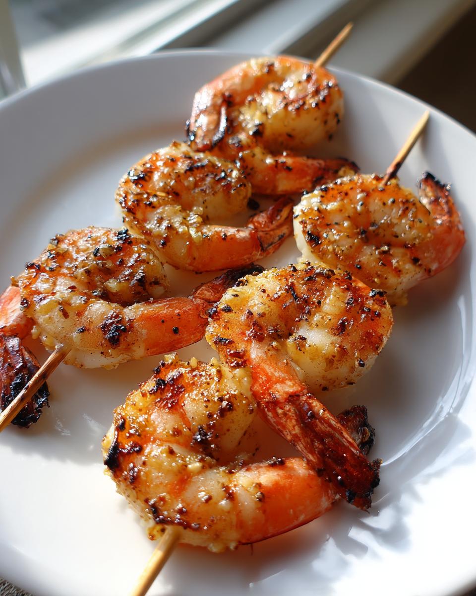 Close-up of several perfectly seasoned and grilled shrimp skewers resting on a white plate.