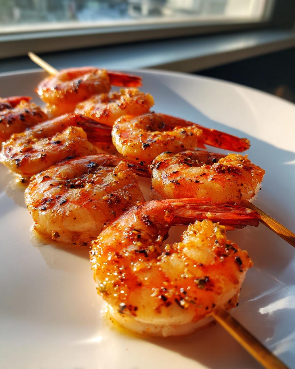 Close-up of seasoned and cooked grilled shrimp skewers resting on a bright white plate, catching the sunlight.