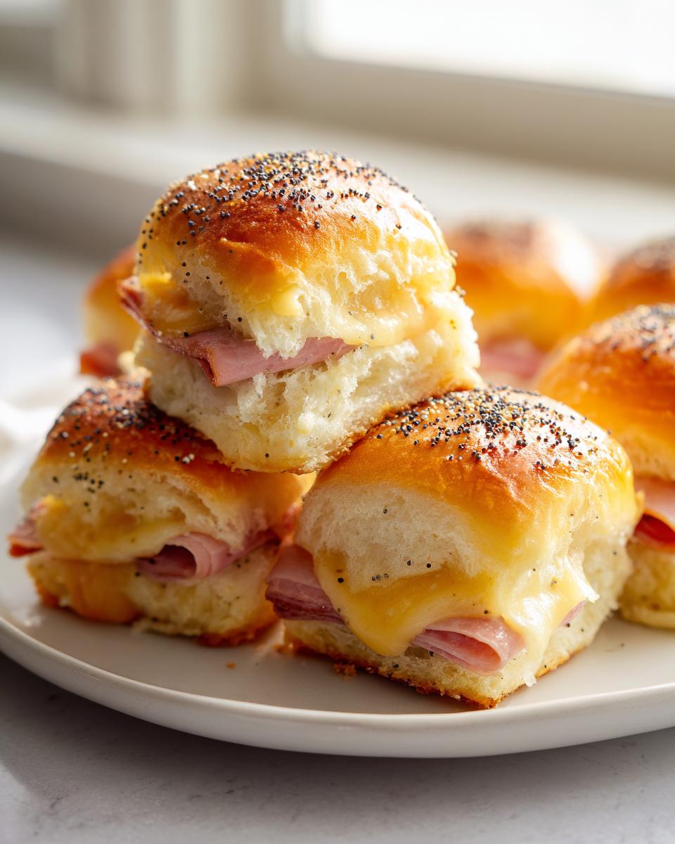 Close-up of warm, gooey ham and cheese sliders stacked on a white plate, topped with poppy seeds.