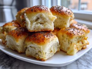 A stack of freshly baked ham and cheese sliders with poppy seeds on top, showing melted cheese oozing out.