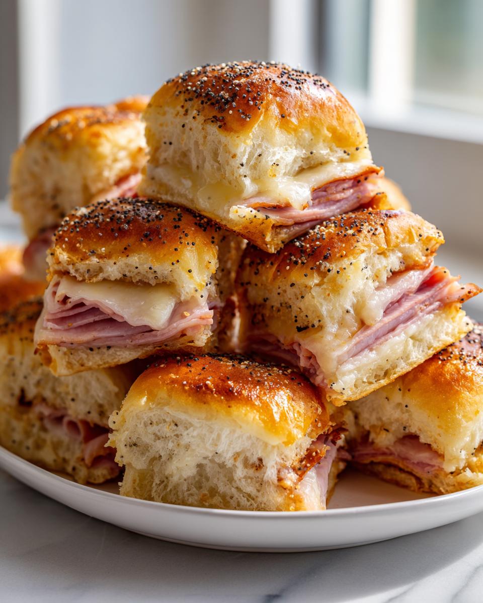 A tall stack of freshly baked ham and cheese sliders topped with melted cheese and poppy seeds on a white platter.