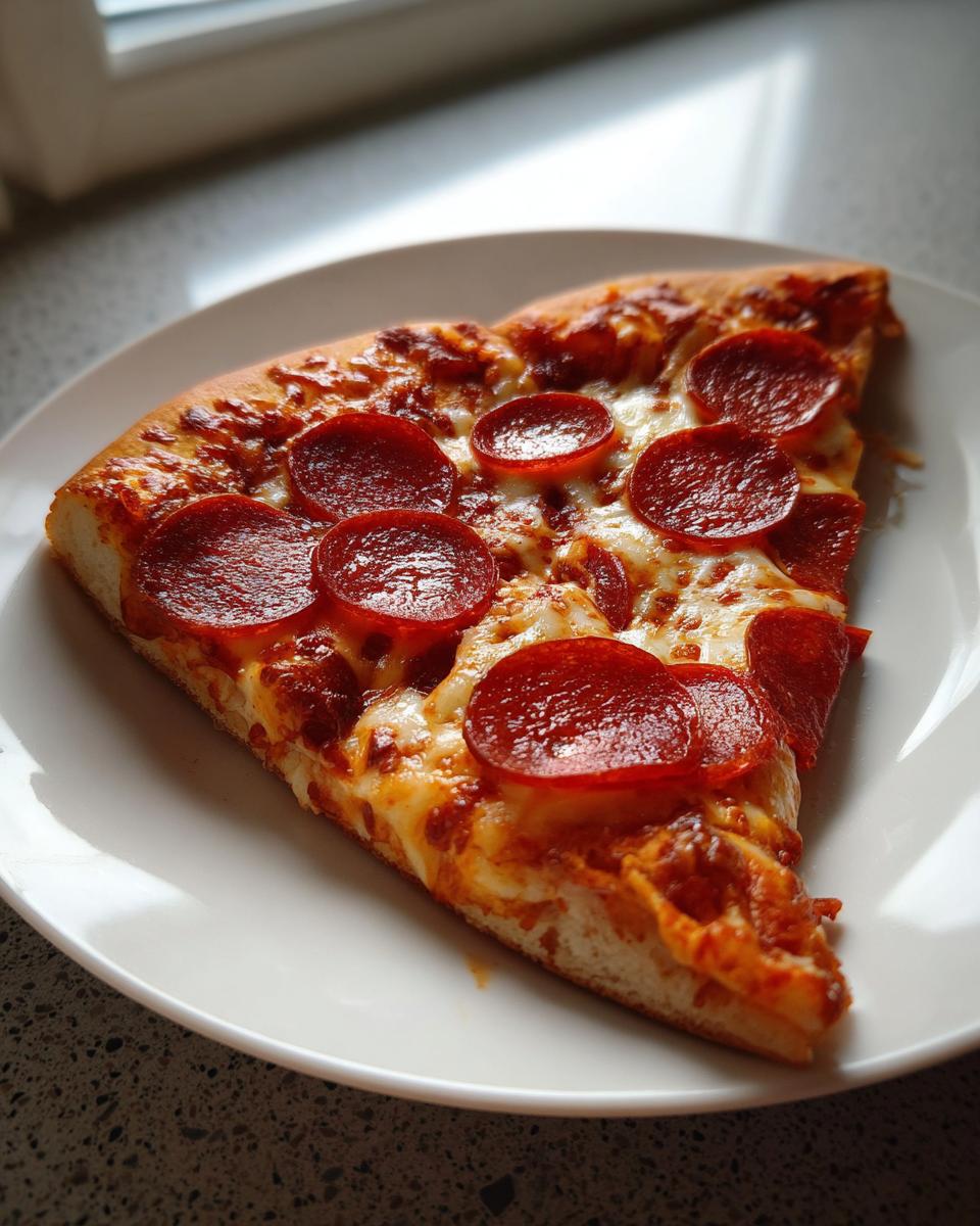 A close-up view of one perfect slice of homemade pepperoni pizza, featuring melted cheese and crispy pepperoni.