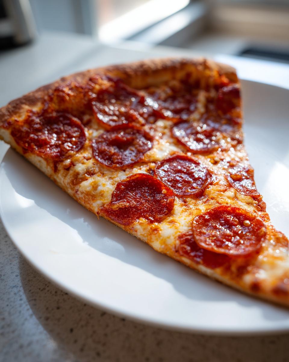A close-up of a single slice of homemade pepperoni pizza, featuring melted cheese and crispy pepperoni, resting on a white plate.