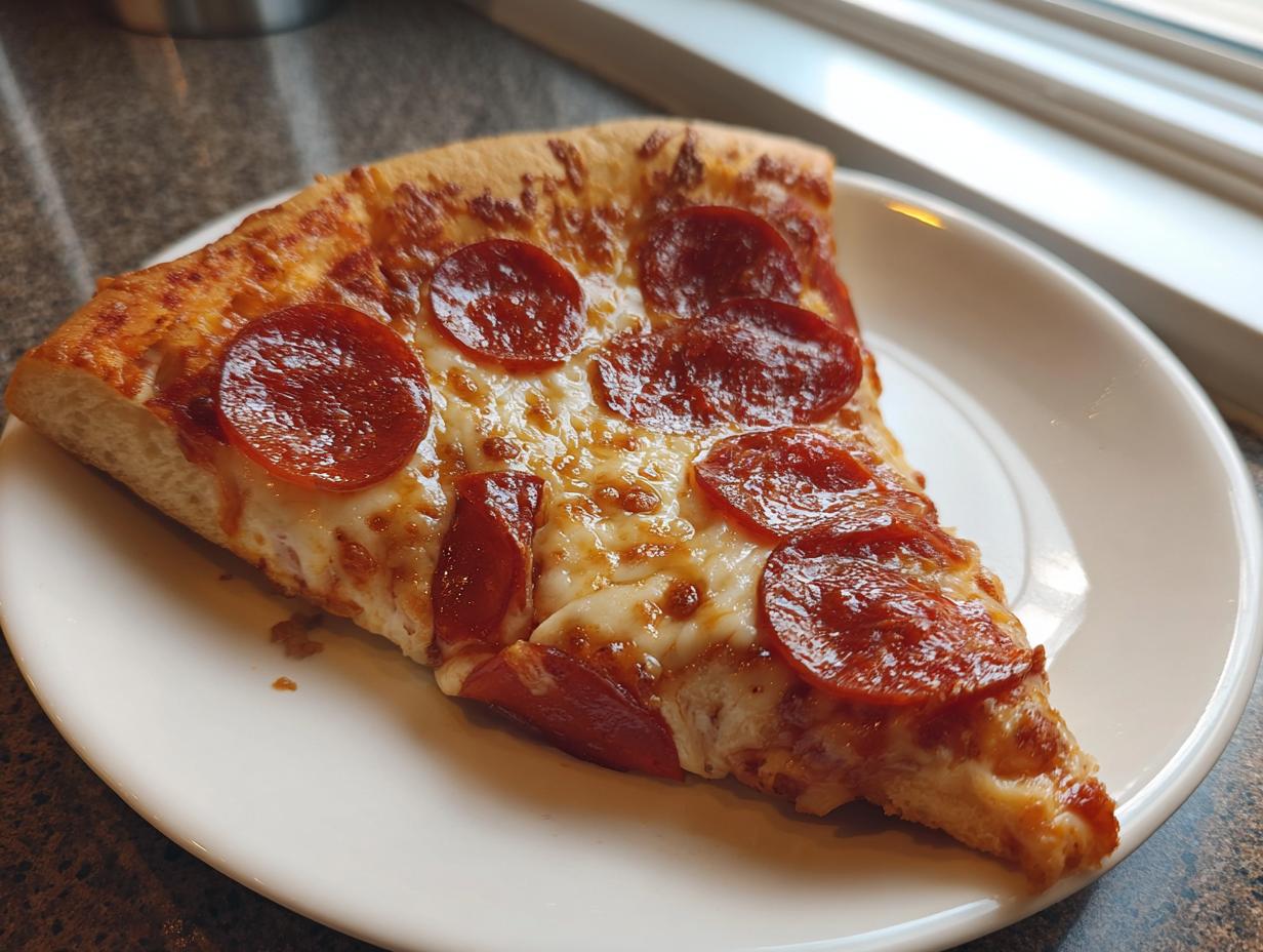 A close-up of a single slice of homemade pepperoni pizza featuring bubbly, melted cheese and crisp pepperoni.