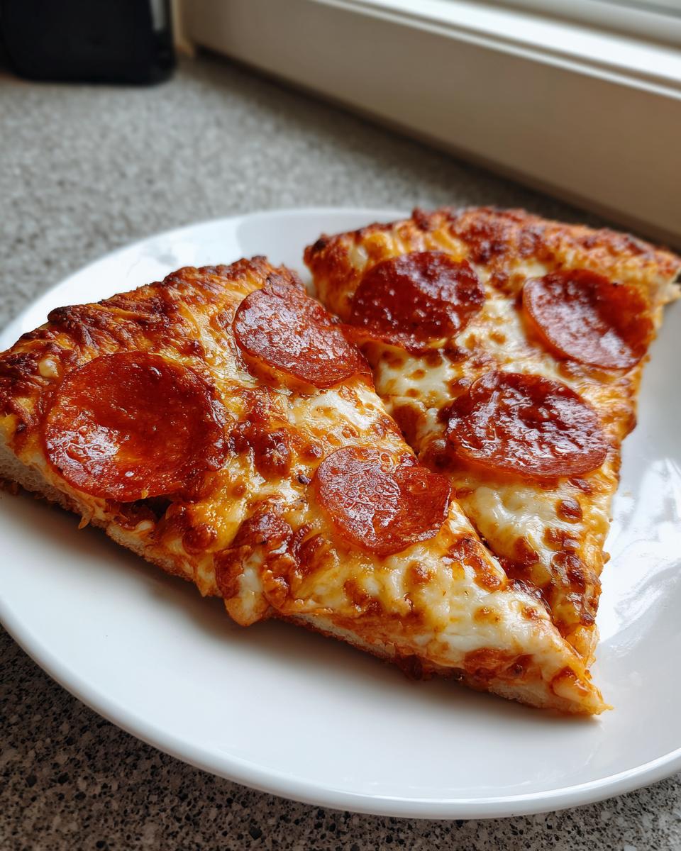 Two delicious slices of homemade pepperoni pizza with melted, bubbly cheese served on a white plate.