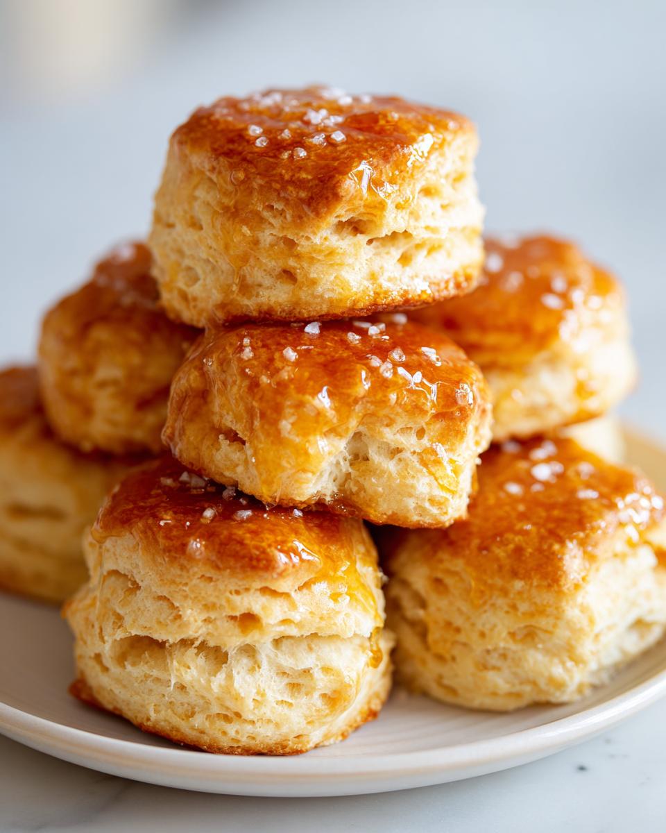 A stack of freshly baked, golden Honey Butter Biscuits drizzled with glaze and topped with coarse sea salt.