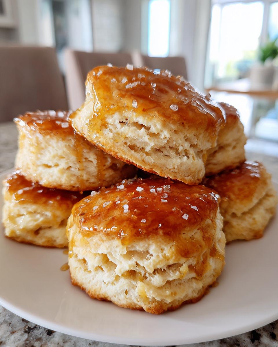 A stack of fluffy, golden Honey Butter Biscuits drizzled with shiny glaze and coarse salt.