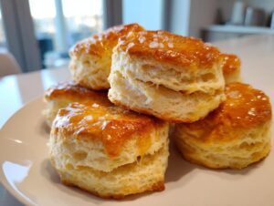A stack of freshly baked, golden-brown honey butter biscuits topped with coarse salt crystals.