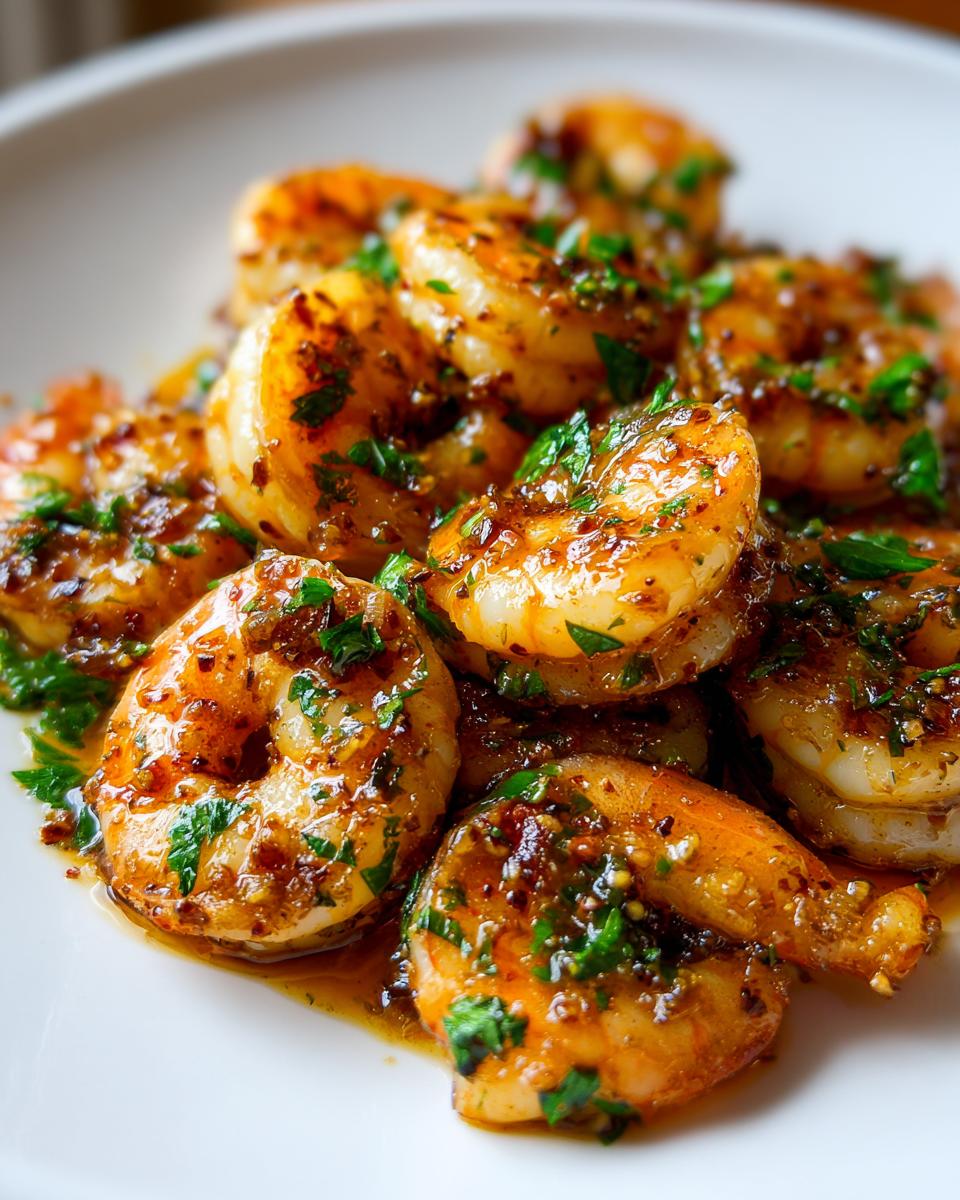 Close-up of plump, cooked Honey garlic shrimp coated in a glossy sauce and sprinkled with fresh green parsley.