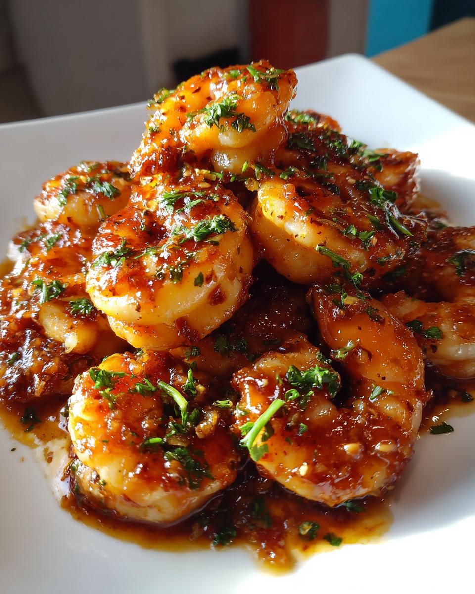Close-up of plump shrimp coated in a rich, glossy sauce, ready to serve as Honey garlic shrimp.