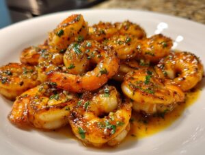 A close-up of perfectly cooked Honey garlic shrimp coated in a glossy, savory sauce and garnished with fresh parsley.