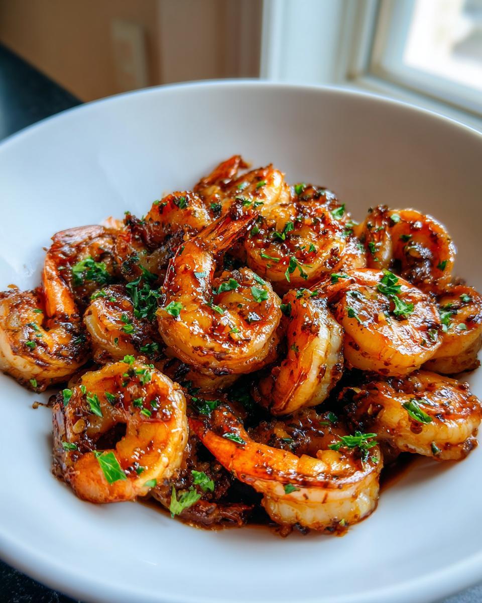 Close-up of perfectly cooked Honey garlic shrimp coated in a rich, dark glaze and sprinkled with fresh parsley.