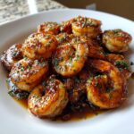 Close-up of perfectly cooked Honey garlic shrimp coated in a rich, glossy sauce and sprinkled with fresh parsley.