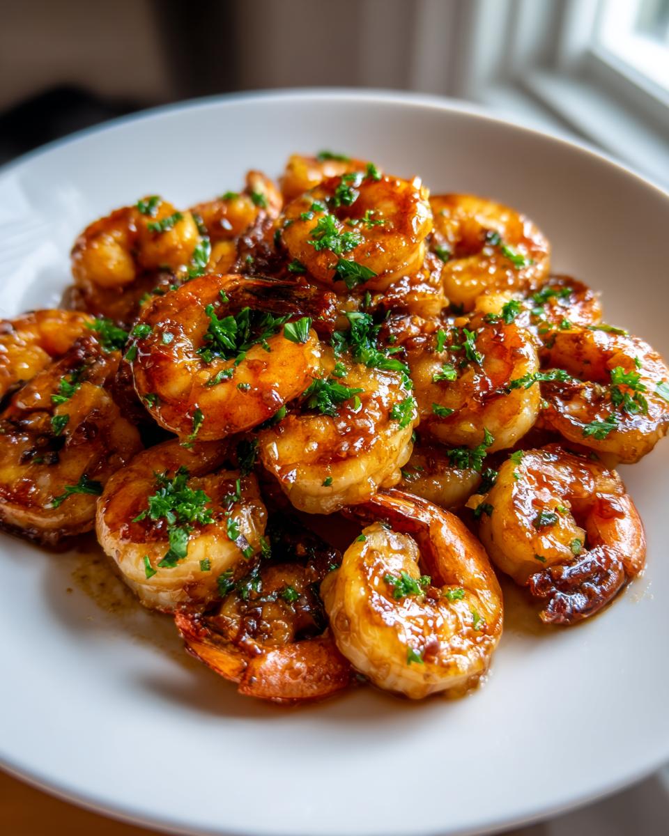 Close-up of perfectly cooked Honey garlic shrimp coated in a rich, glossy sauce and sprinkled with fresh parsley.