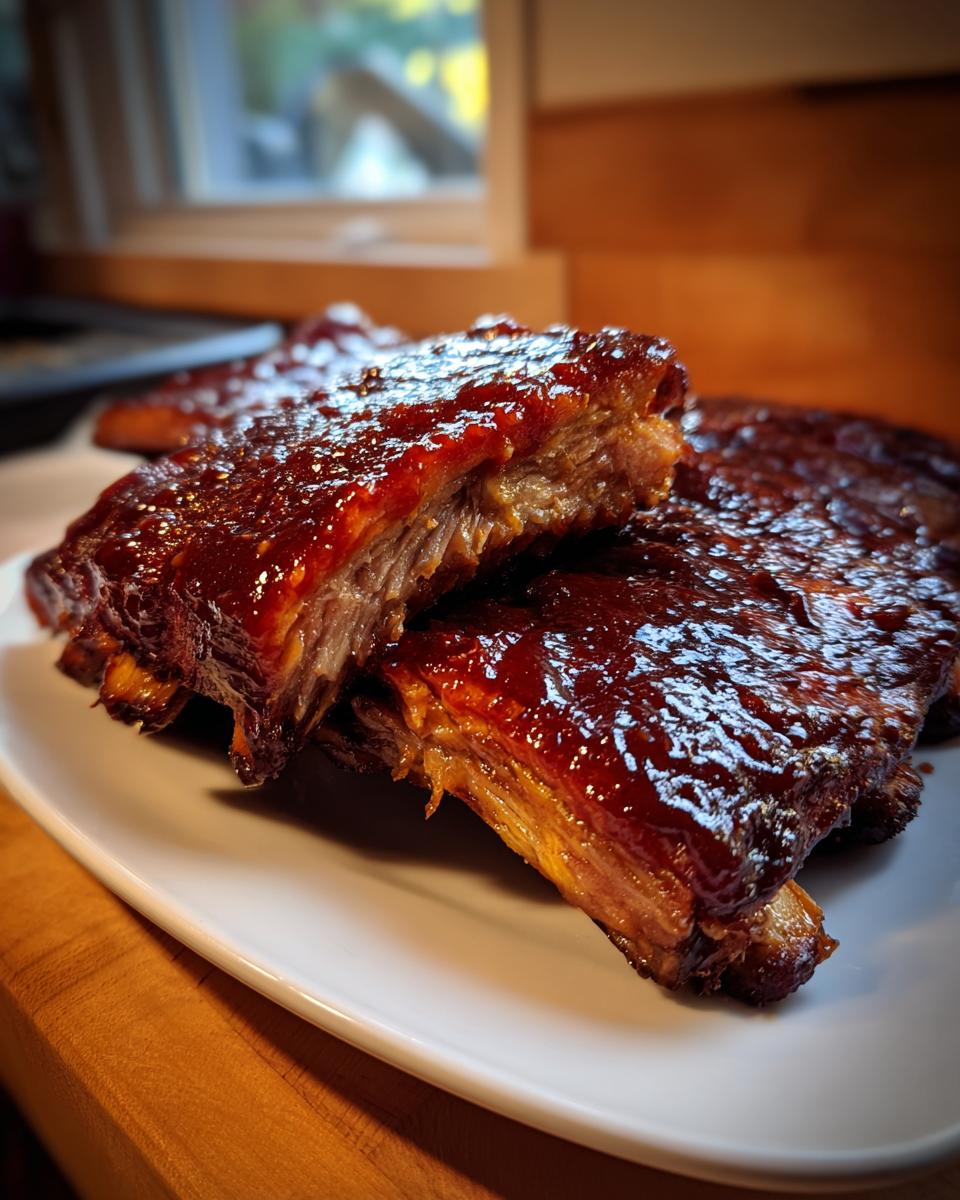 Close-up of tender, saucy Kansas City BBQ ribs stacked on a white plate, showing the meat texture.
