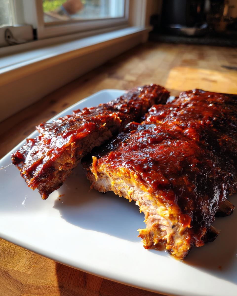 Close-up of tender Kansas City BBQ ribs heavily coated in a thick, glossy, dark red barbecue sauce.