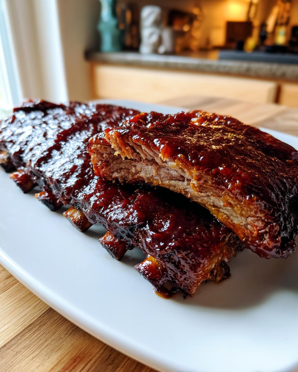 Close-up of tender Kansas City BBQ ribs, heavily coated in a thick, glossy, dark red sauce.