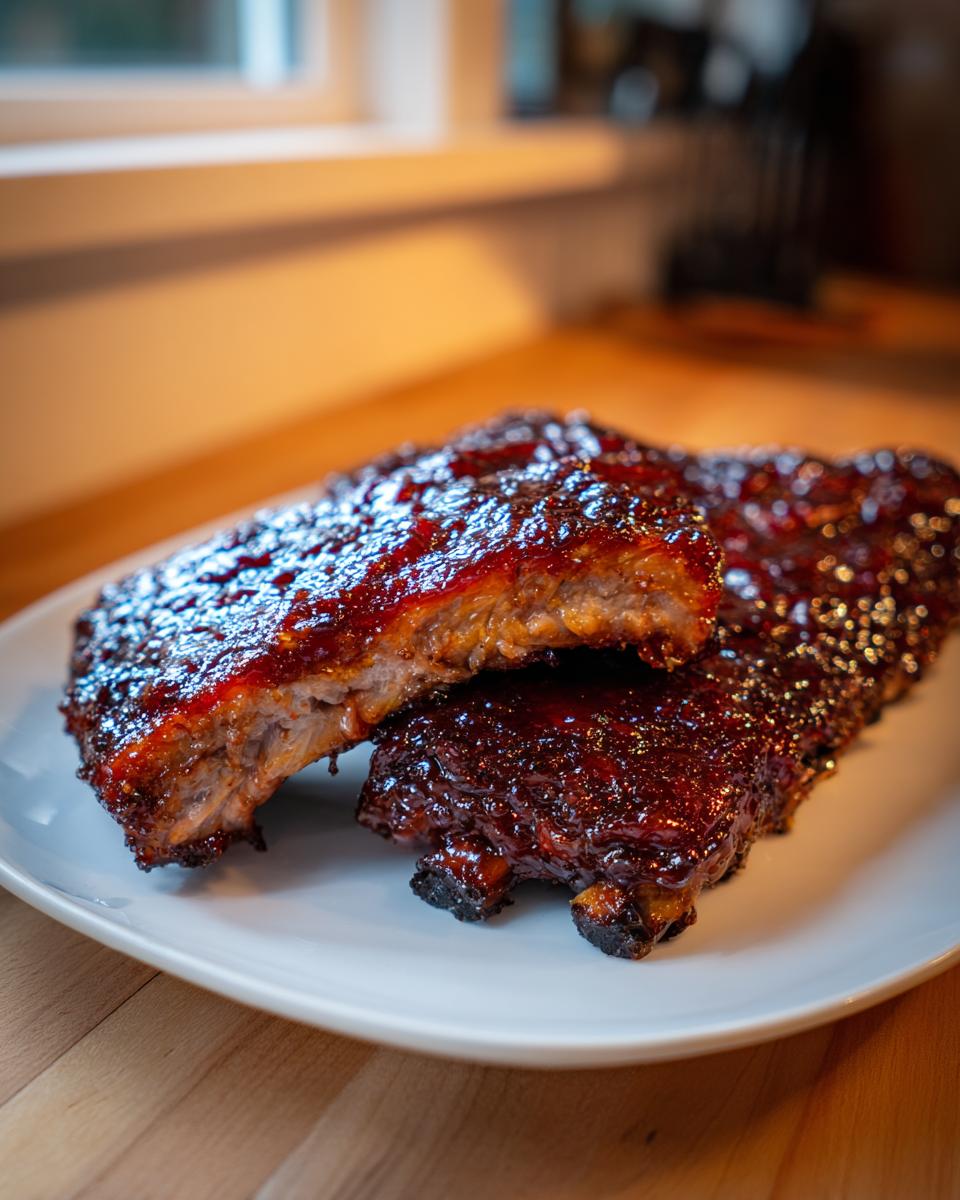 Close-up of tender, saucy Kansas City BBQ ribs, showing the cross-section of meat and sticky glaze.