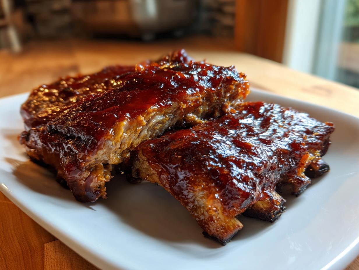 Close-up of tender Kansas City BBQ ribs heavily coated in a thick, shiny, dark red barbecue sauce on a white serving plate.