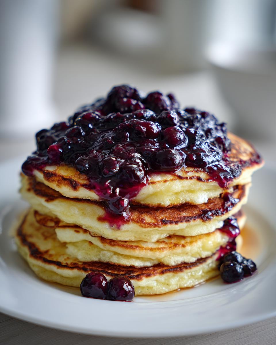 A tall stack of fluffy Lemon ricotta pancakes topped generously with dark blueberry compote.