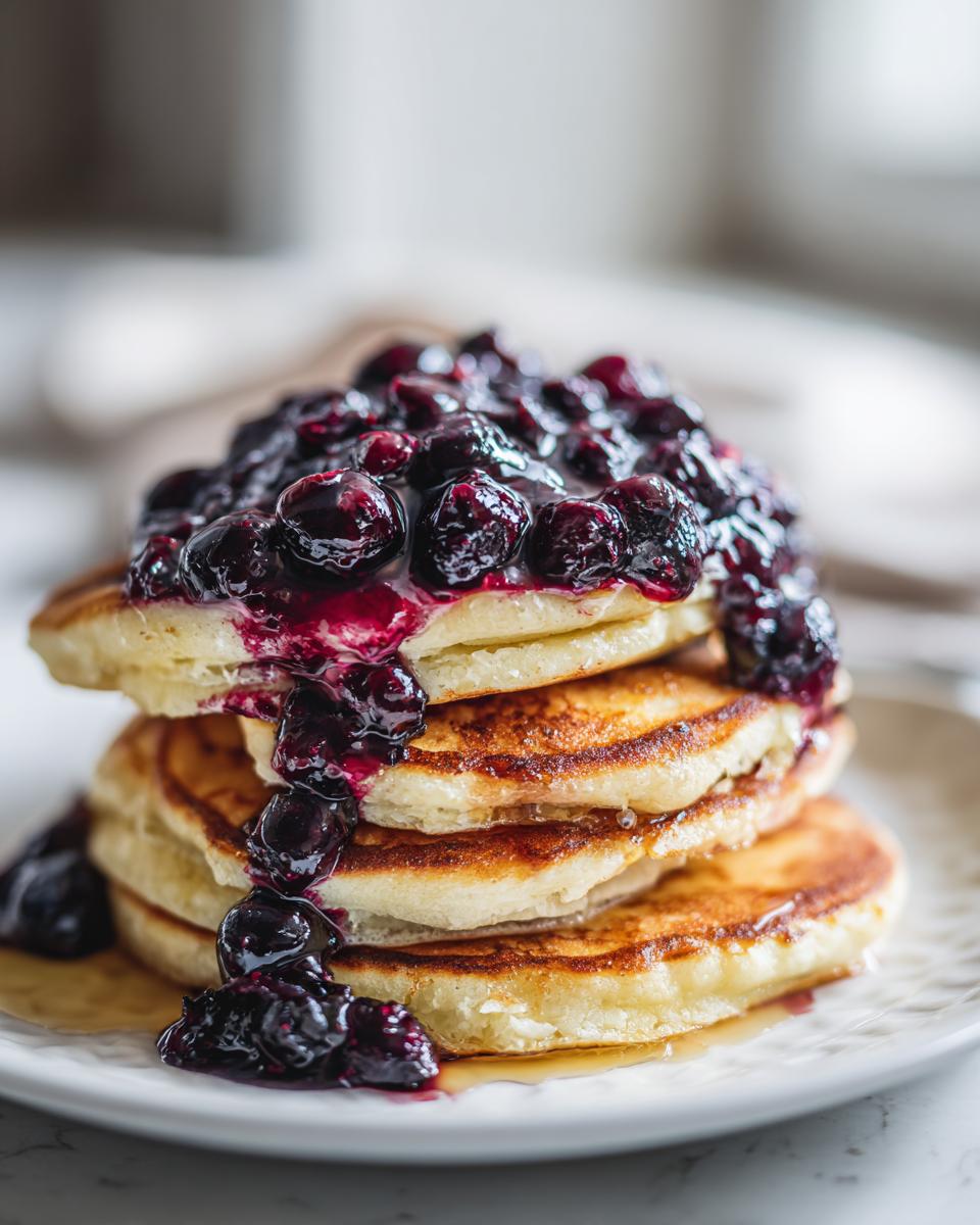 Stack of fluffy Lemon Ricotta Pancakes topped with rich blueberry compote dripping down the sides.