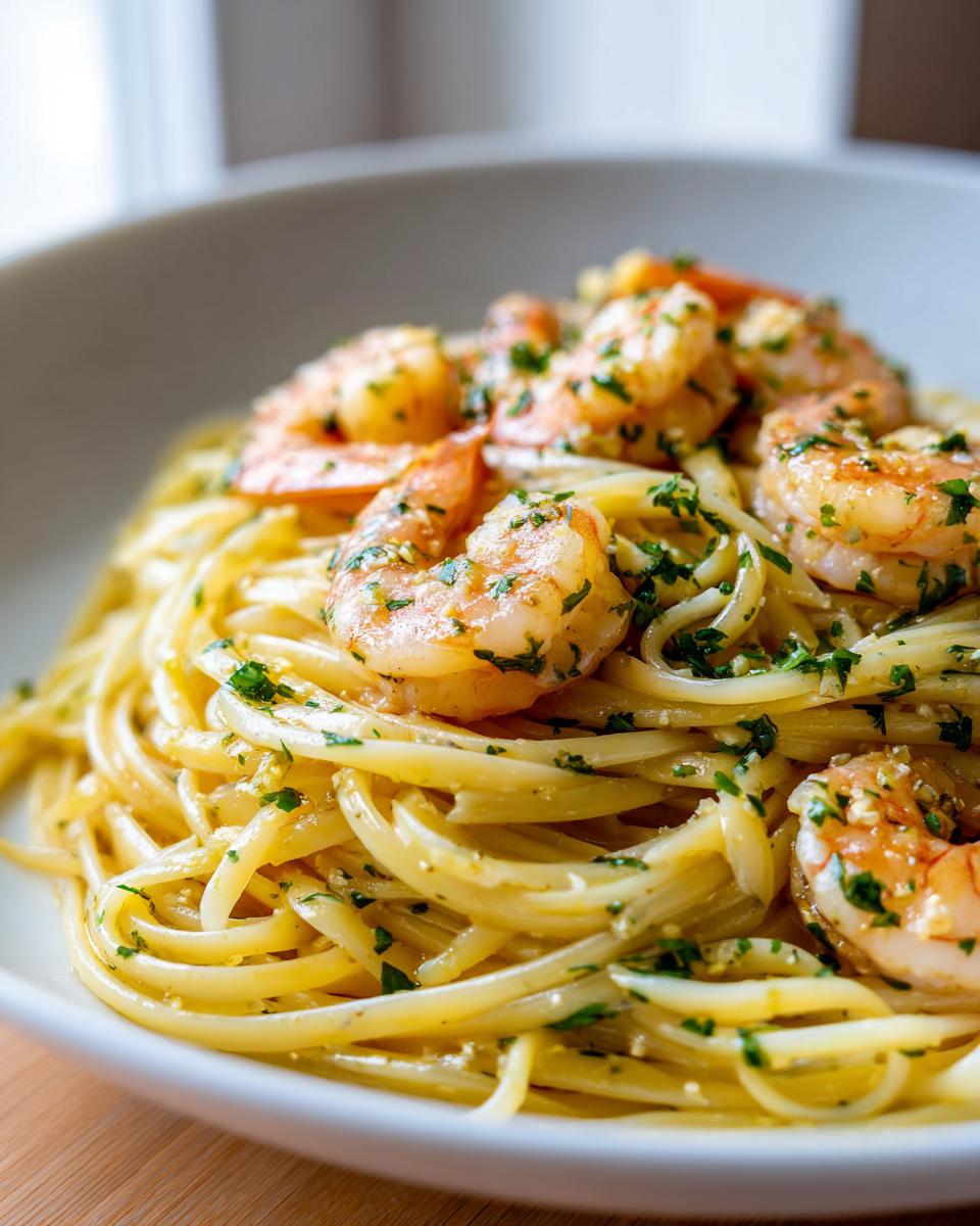 Close-up of linguine pasta tossed in a rich butter sauce, topped with succulent shrimp scampi and fresh parsley.
