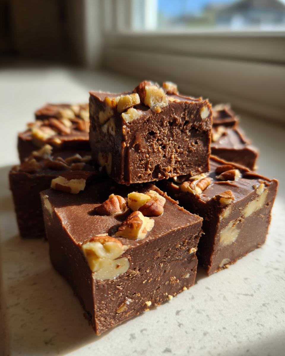 Close-up of rich, dark chocolate Maple pecan fudge squares topped with chopped pecans, sitting near a bright window.