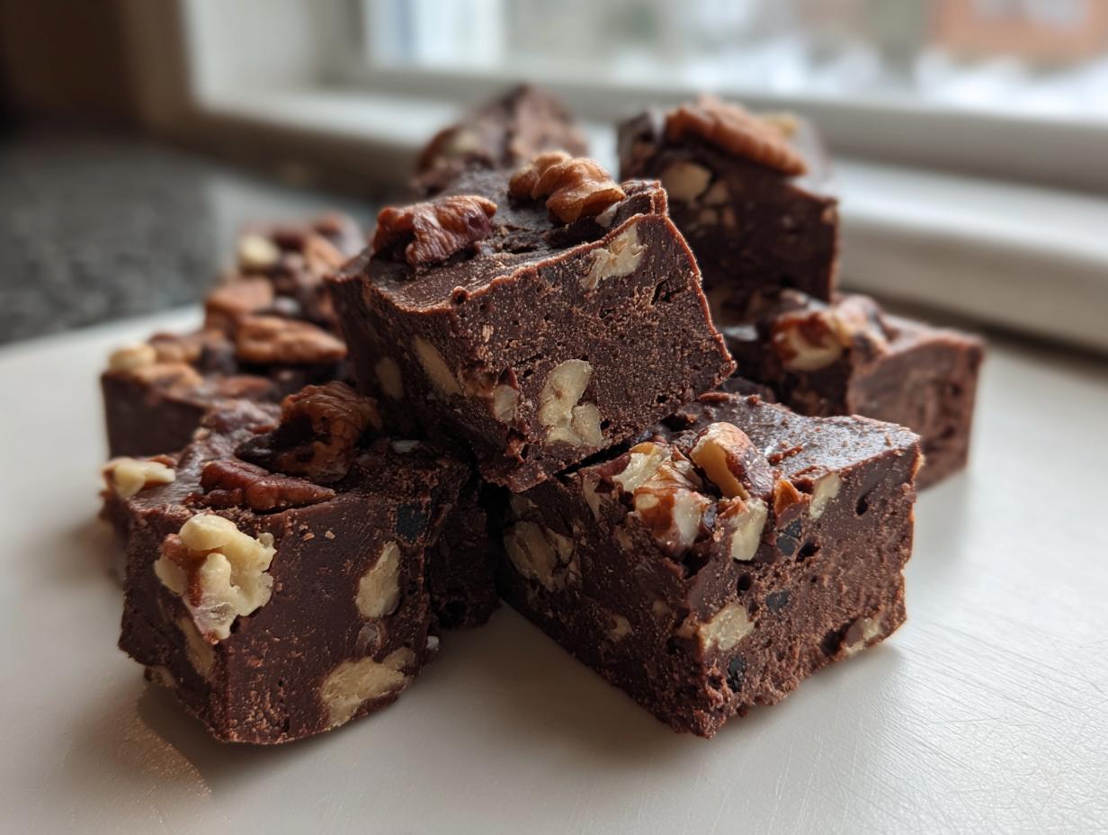Close-up of rich, dark chocolate Maple pecan fudge squares generously studded with pecans, stacked indoors.
