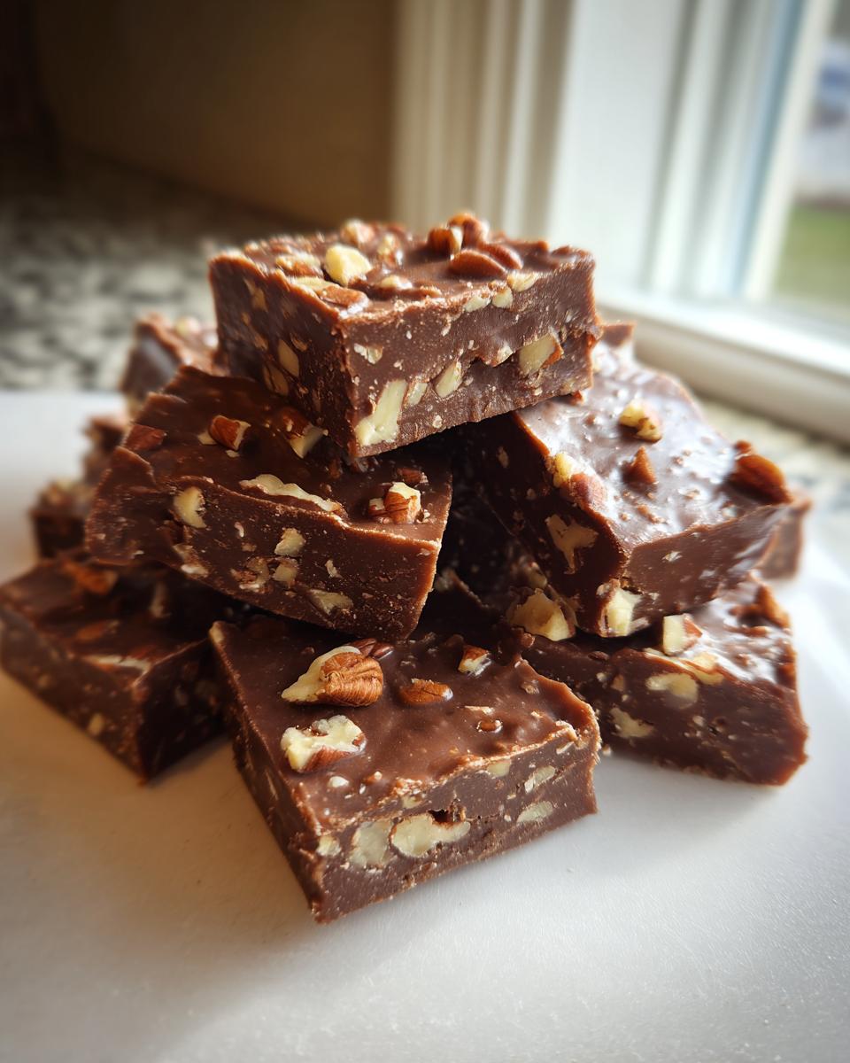 A tempting stack of rich, chocolate Maple pecan fudge squares loaded with chopped pecans.