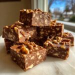 A tempting stack of homemade Maple pecan fudge squares loaded with chopped pecans, resting on a white surface.