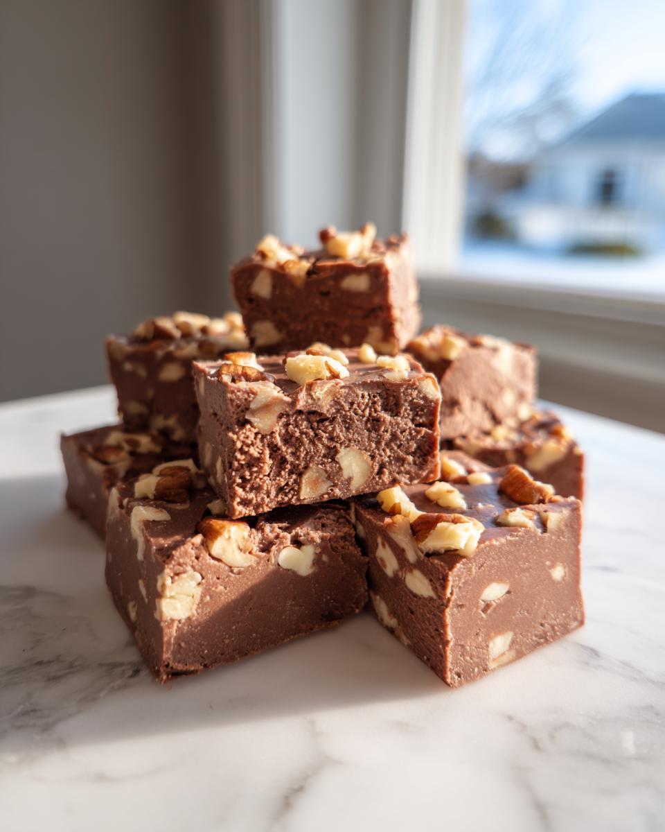 A stack of rich, chocolate Maple Pecan Fudge squares generously studded with chopped pecans, sitting on a white marble surface.