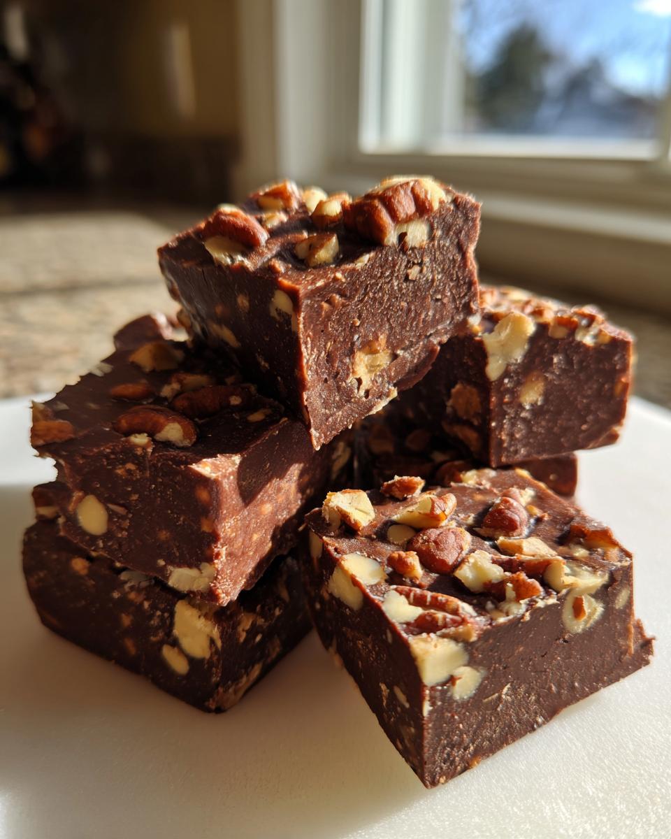 A stack of rich, dark chocolate Maple pecan fudge squares generously topped with chopped pecans.