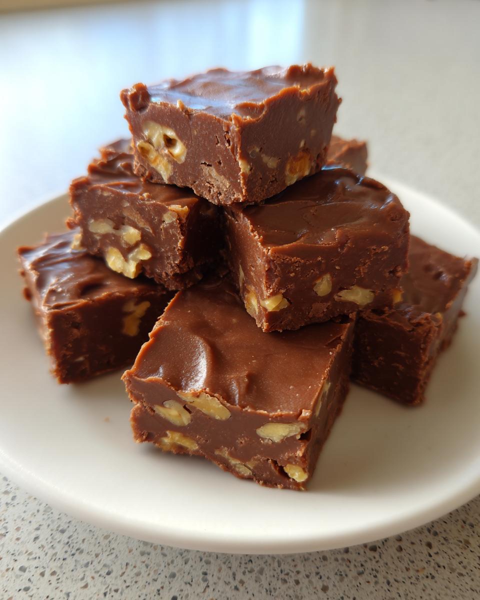 A stack of rich, chocolatey maple walnut fudge squares studded with visible walnuts, resting on a white plate.