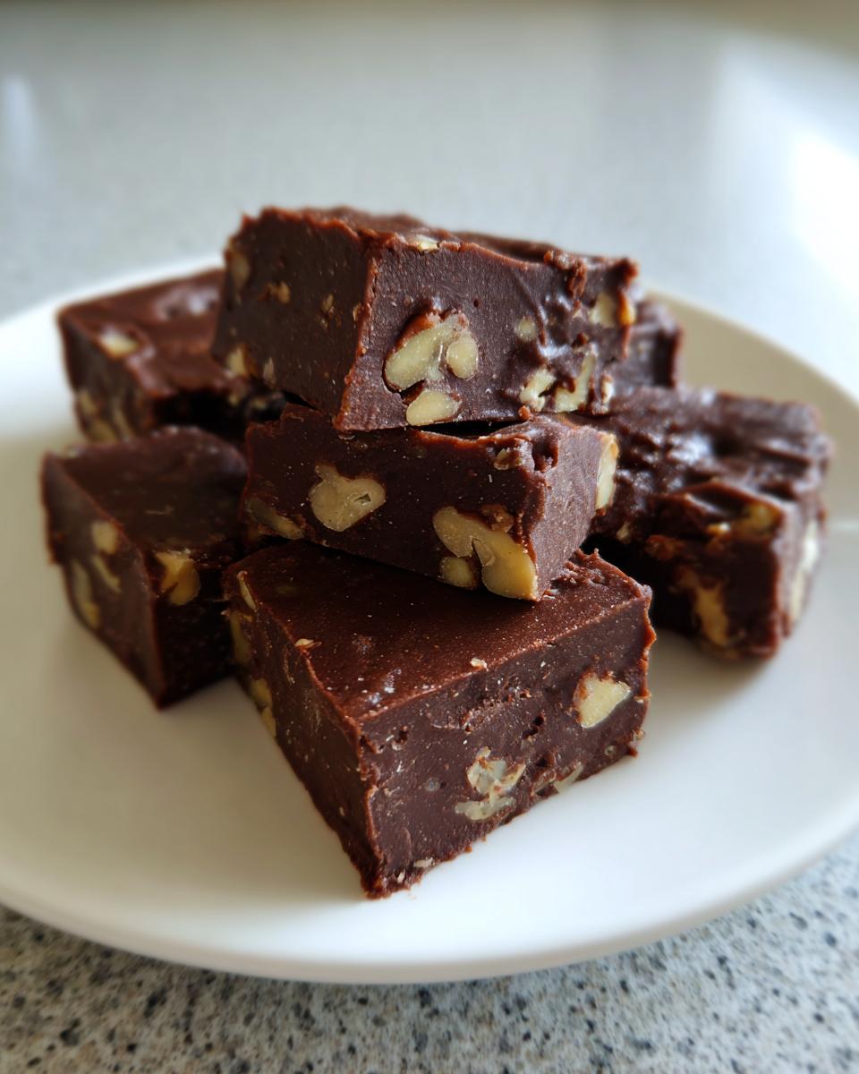 A stack of rich, dark chocolate Maple walnut fudge squares studded with visible pecan or walnut pieces, served on a white plate.