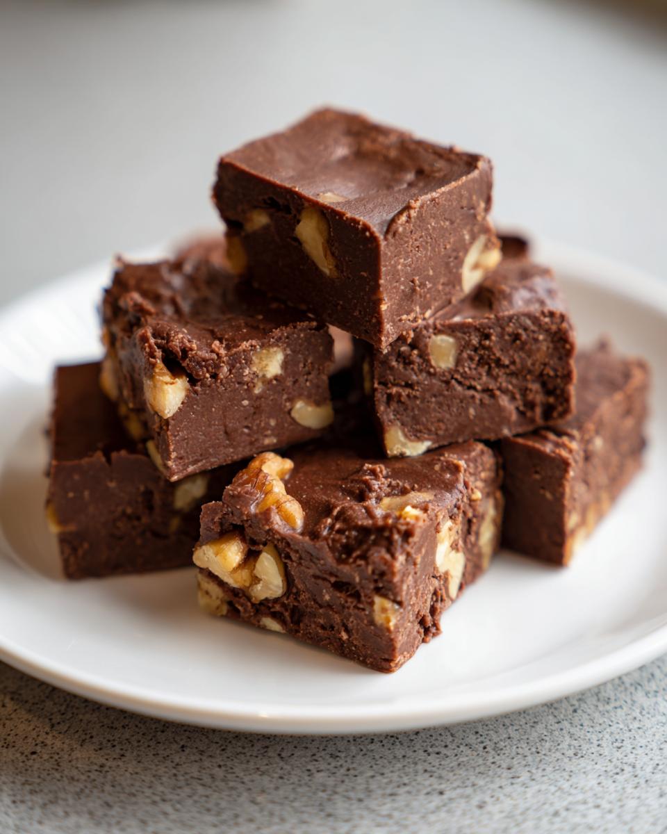 A close-up stack of rich, dark chocolate Maple walnut fudge squares studded with visible walnut pieces, served on a white plate.