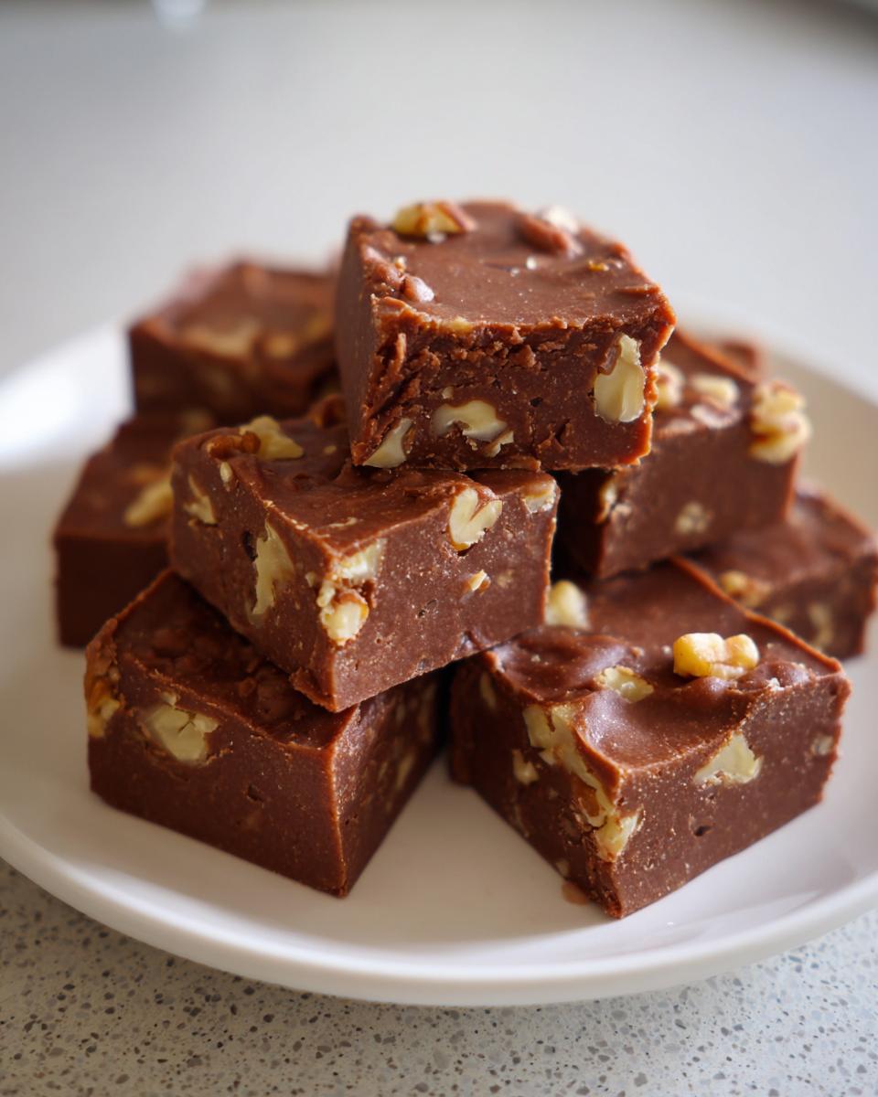 A stack of rich, chocolate Maple walnut fudge squares topped with visible walnut pieces on a white plate.