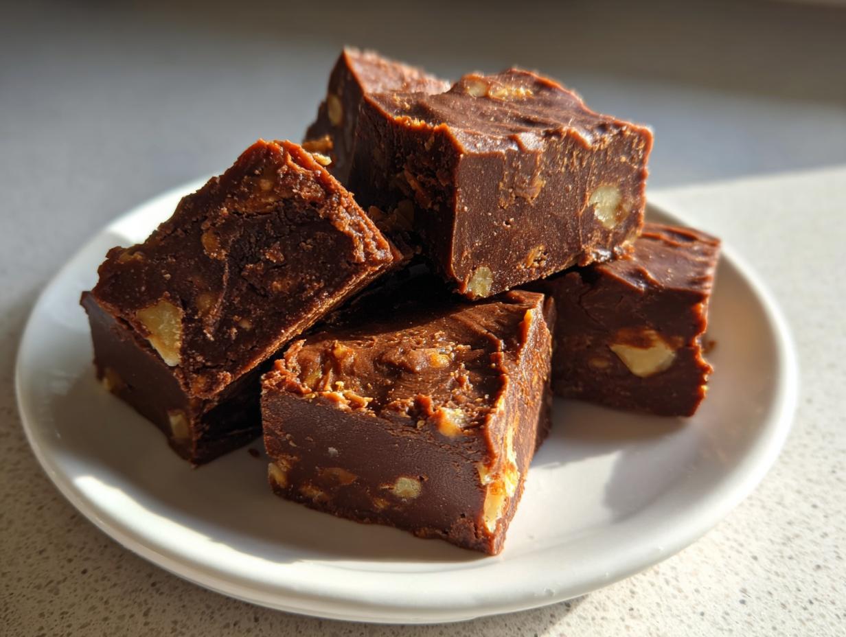 A stack of rich, dark chocolate Maple walnut fudge squares studded with visible walnut pieces, resting on a white plate.