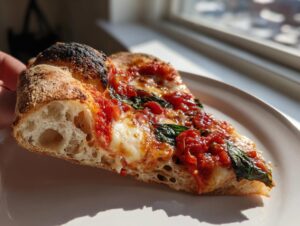 A close-up view of a slice of Margherita pizza showing the airy, blistered crust, bright tomato sauce, melted mozzarella, and fresh basil.
