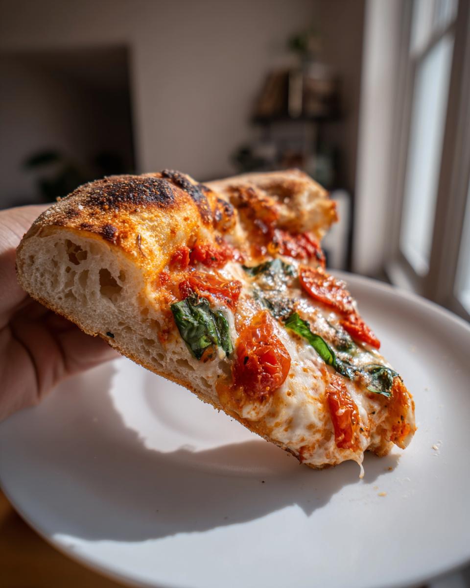 A hand holding a slice of fresh Margherita pizza with melted cheese, bright tomatoes, and basil leaves.